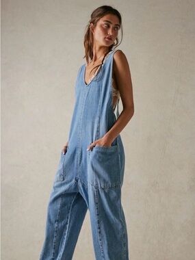 We The Free x Free People High Roller Jumpsuit Overalls Women’s Light Wash XL